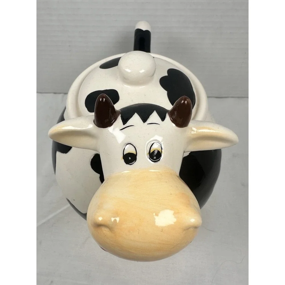 Cute Cow Teapot Ceramic Farm Animal Tea Pot Black White Kitchen Decor New